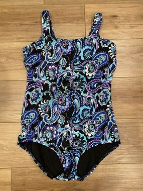 Lands’ End  Floral Paisley One-Piece Swimsuit in Blue & Purple 14DDD